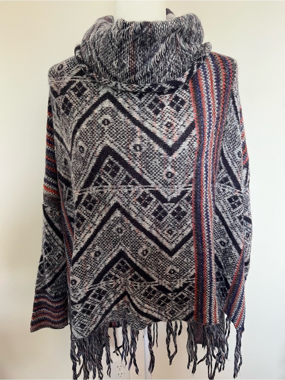 Free People Black Gray Geometric Fringe Turtleneck Poncho